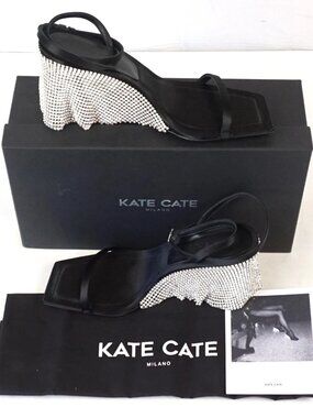 Kate Cate "Kate Sandal" Strappy Rhinestone Sparkly Stilettos in Black Satin Prom